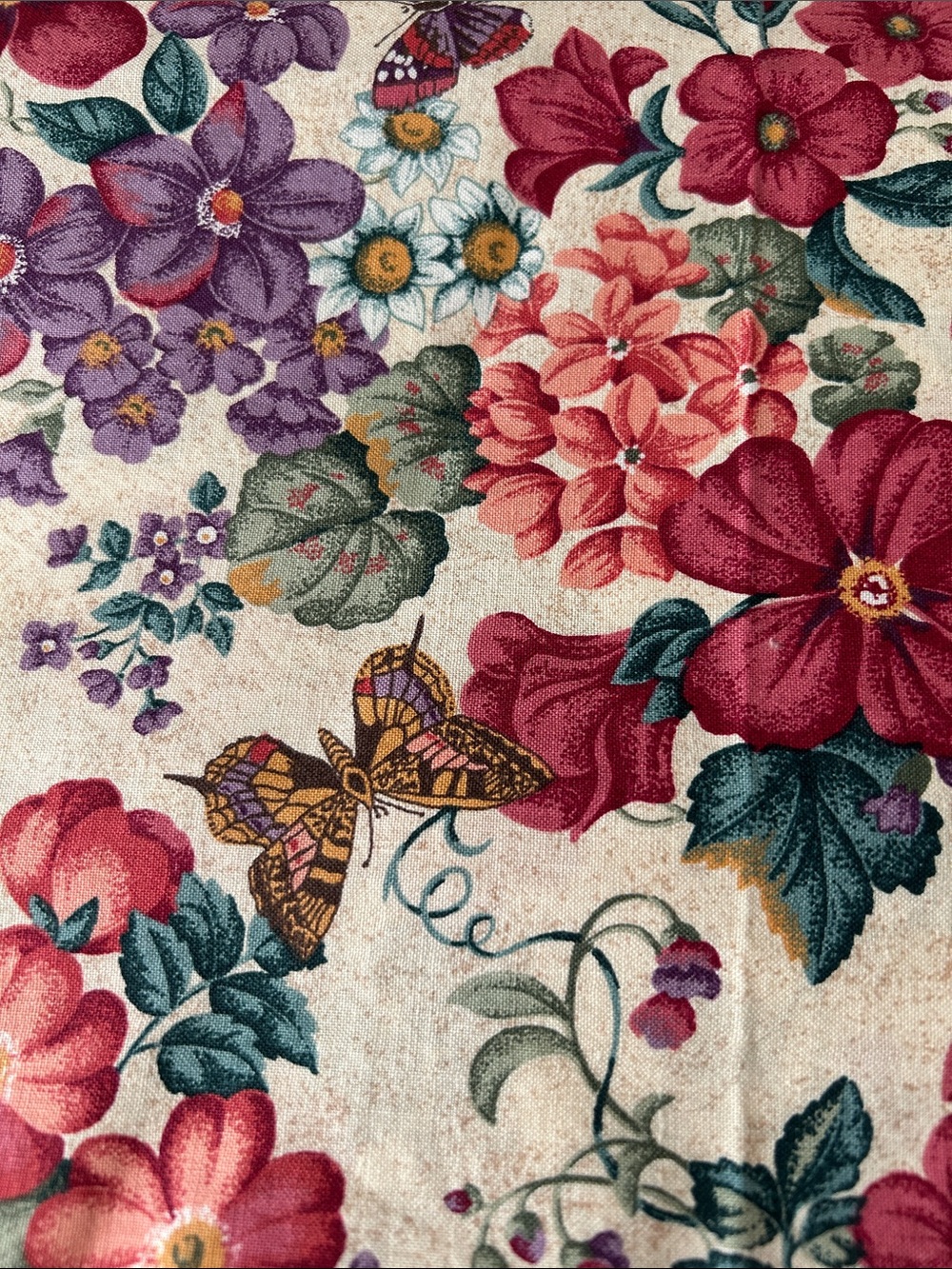 NWOT Floral & Butterfly Printed Fabric in Pink, Purple, Green on a tan backgroun